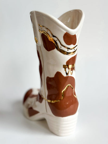 Ruby Clay Company Monogrammed Cow Print Cowboy Boot Vase