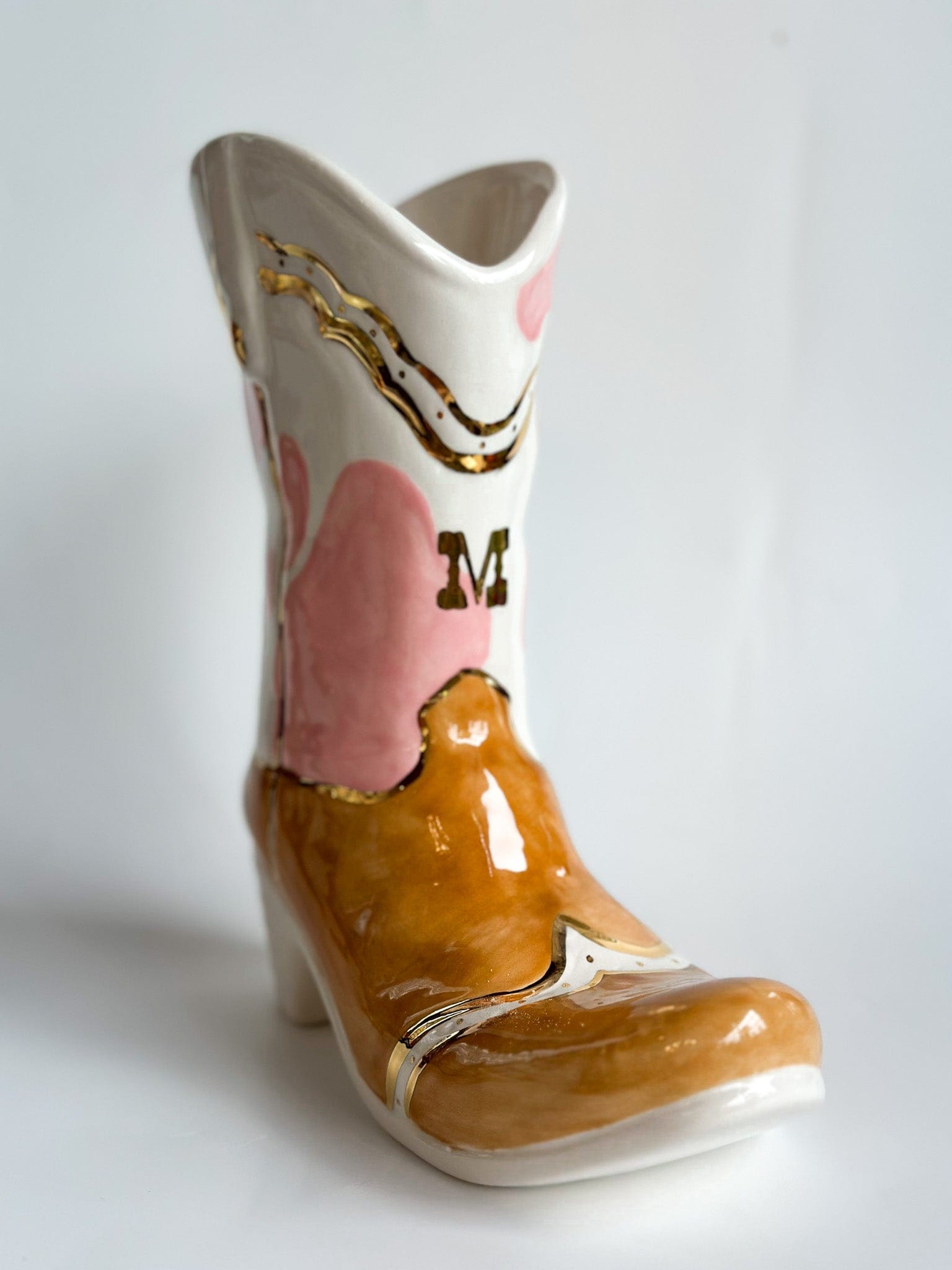 Ruby Clay Company Strawberry Monogrammed Two Tone Cow Print Cowboy Boot Vase
