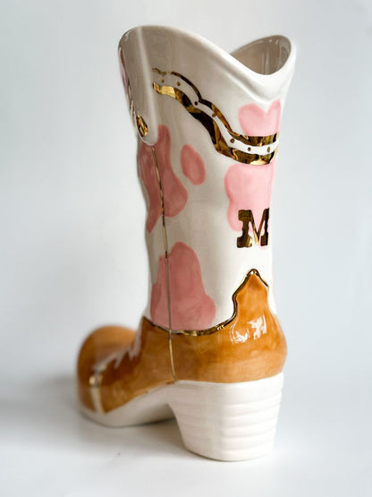 Ruby Clay Company Monogrammed Two Tone Cow Print Cowboy Boot Vase