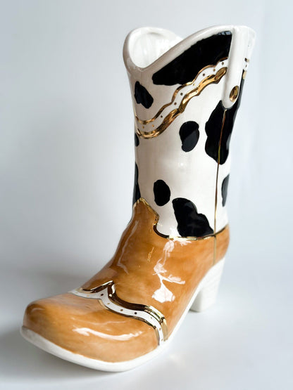Ruby Clay Company Black Two Tone Cow Print Cowboy Boot Vase