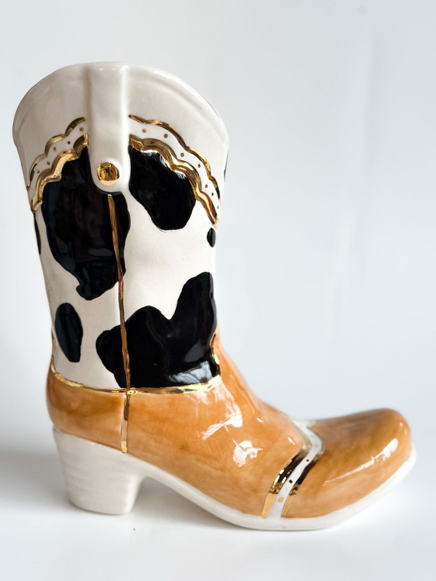 Ruby Clay Company Two Tone Cow Print Cowboy Boot Vase