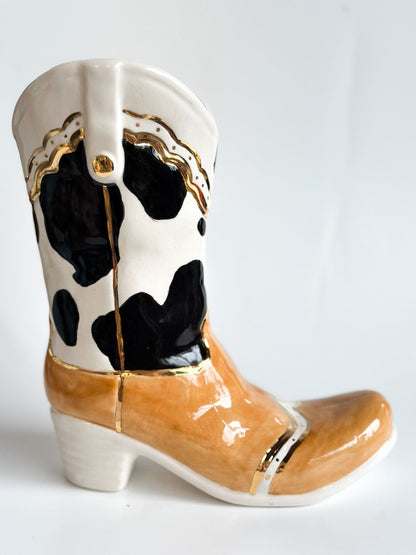 Ruby Clay Company Black Monogrammed Two Tone Cow Print Cowboy Boot Vase