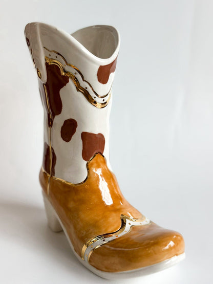 Ruby Clay Company Chocolate Two Tone Cow Print Cowboy Boot Vase