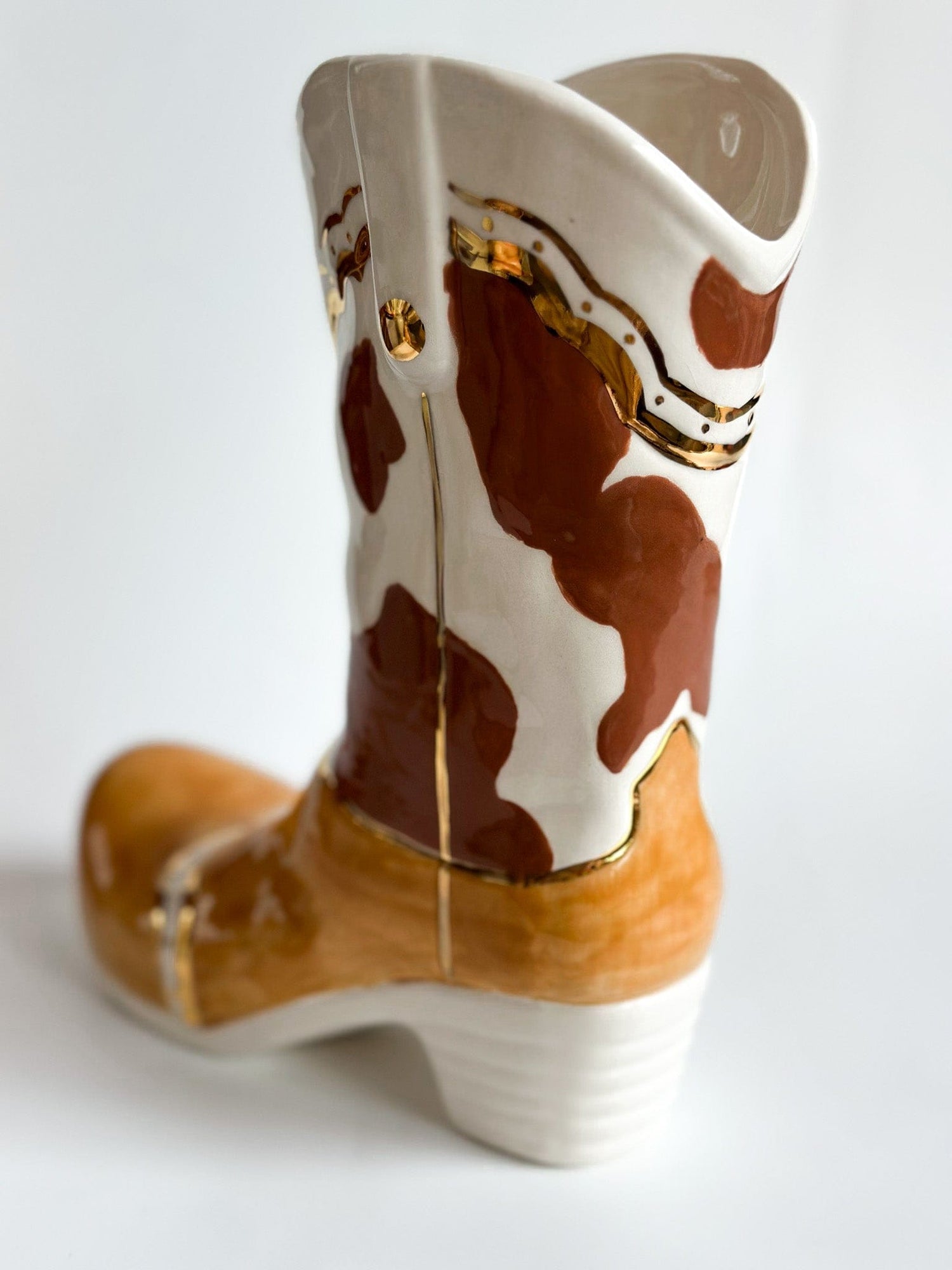 Ruby Clay Company Two Tone Cow Print Cowboy Boot Vase