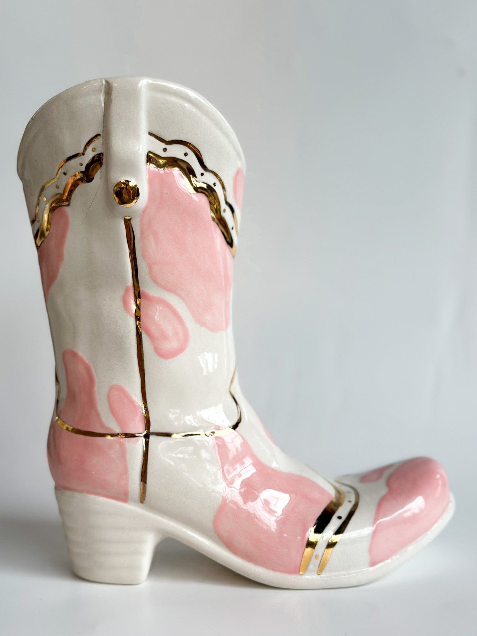 Ruby Clay Company Strawberry Cow Print Cowboy Boot Vase