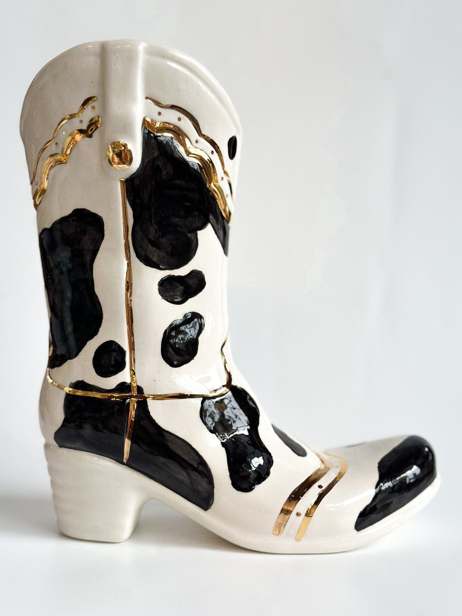 Ruby Clay Company Black Cow Print Cowboy Boot Vase