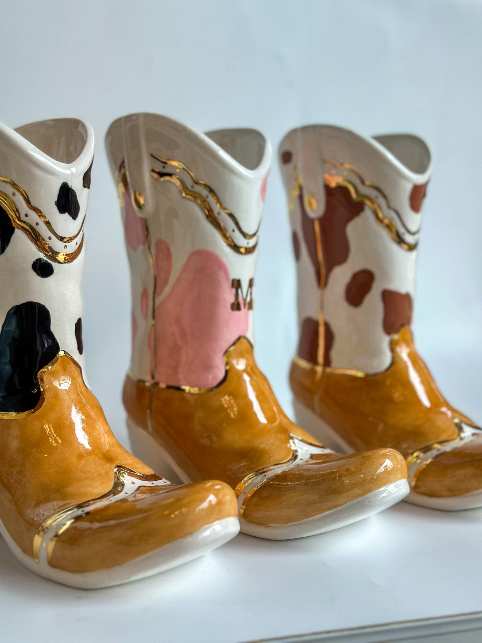 Ruby Clay Company Monogrammed Two Tone Cow Print Cowboy Boot Vase