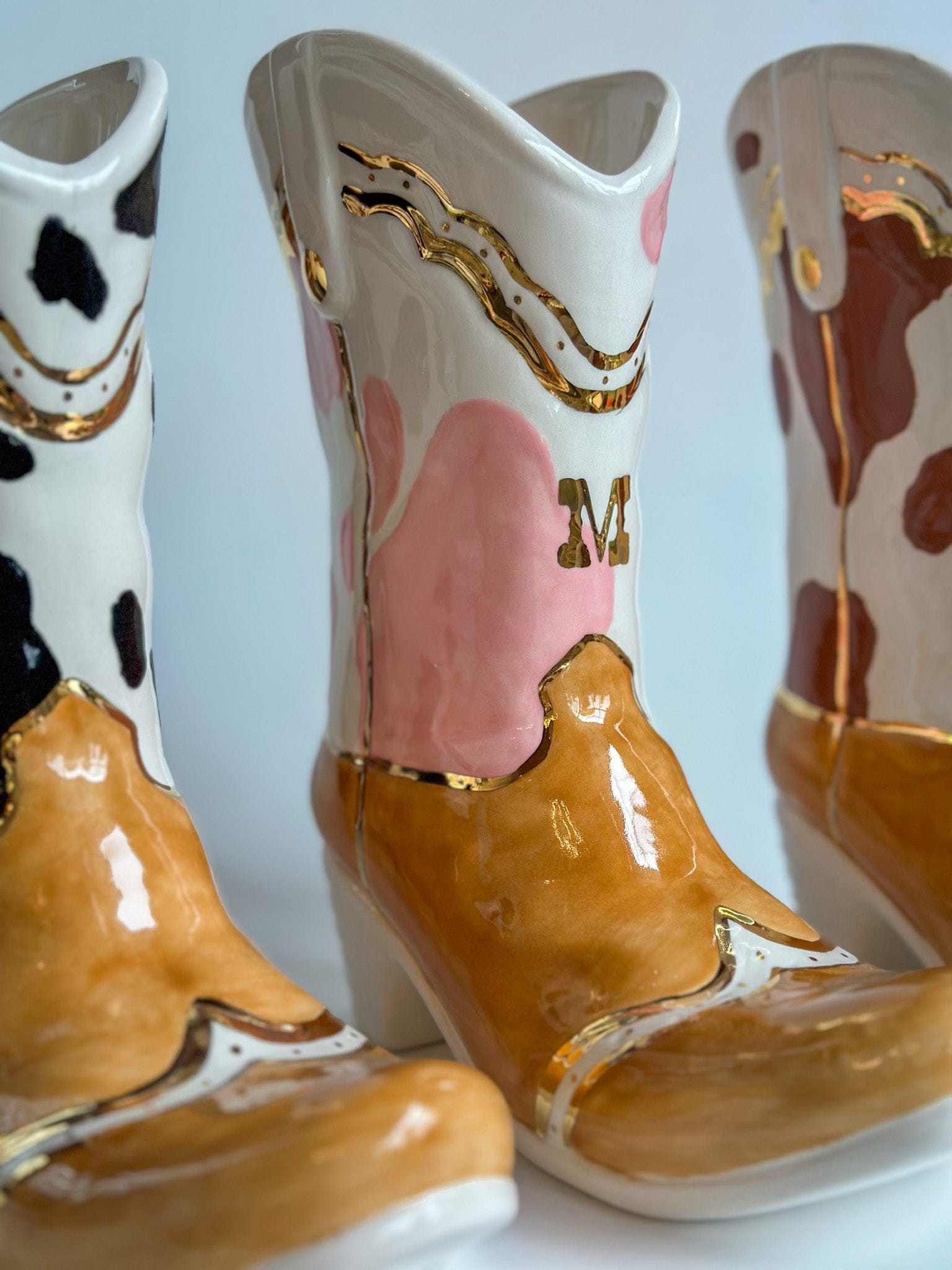 Ruby Clay Company Monogrammed Two Tone Cow Print Cowboy Boot Vase