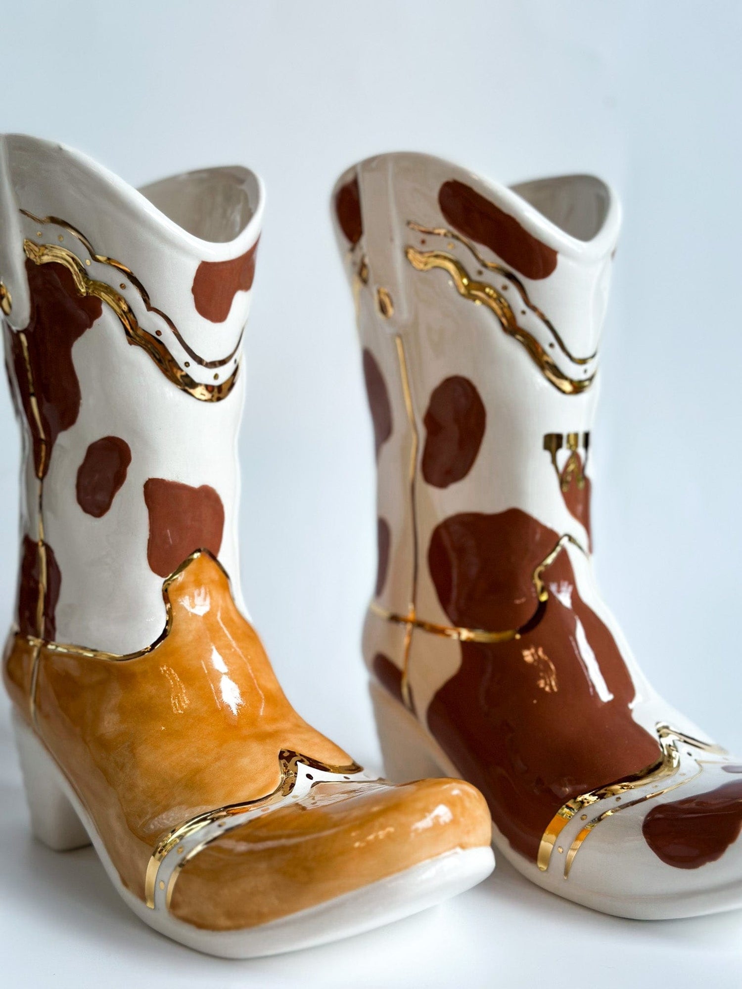 Ruby Clay Company Monogrammed Cow Print Cowboy Boot Vase
