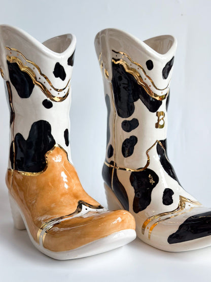 Ruby Clay Company Two Tone Cow Print Cowboy Boot Vase