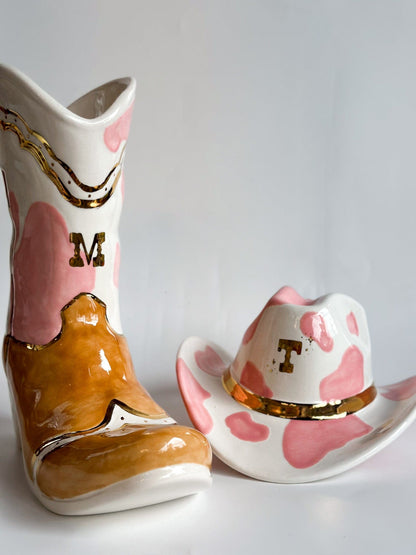 Ruby Clay Company Monogrammed Two Tone Cow Print Cowboy Boot Vase