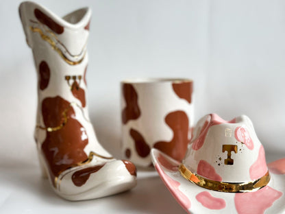Ruby Clay Company Monogrammed Cow Print Cowboy Boot Vase