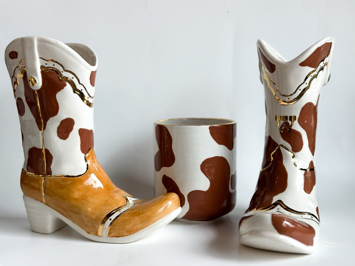 Ruby Clay Company Monogrammed Cow Print Cowboy Boot Vase