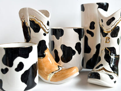 Ruby Clay Company Cow Print Cowboy Boot Vase