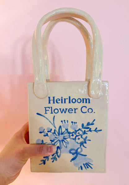 Heirloom Flower Medium Tote Bag Vase Featuring Handpainted Artwork