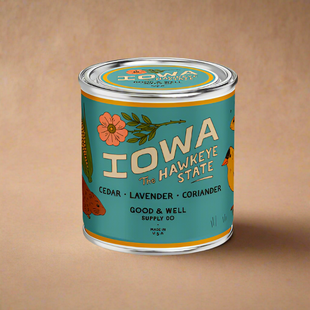 Can with Iowa-themed label featuring floral and corn illustrations on a white background