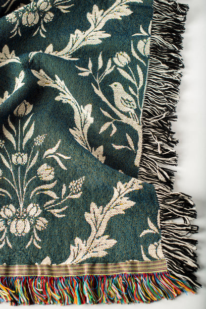 Isobel Thistle Teal Floral Cotton Throw Blanket