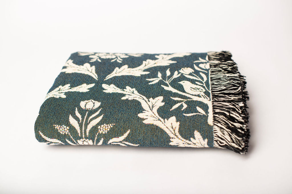 Isobel Thistle Teal Floral Cotton Throw Blanket