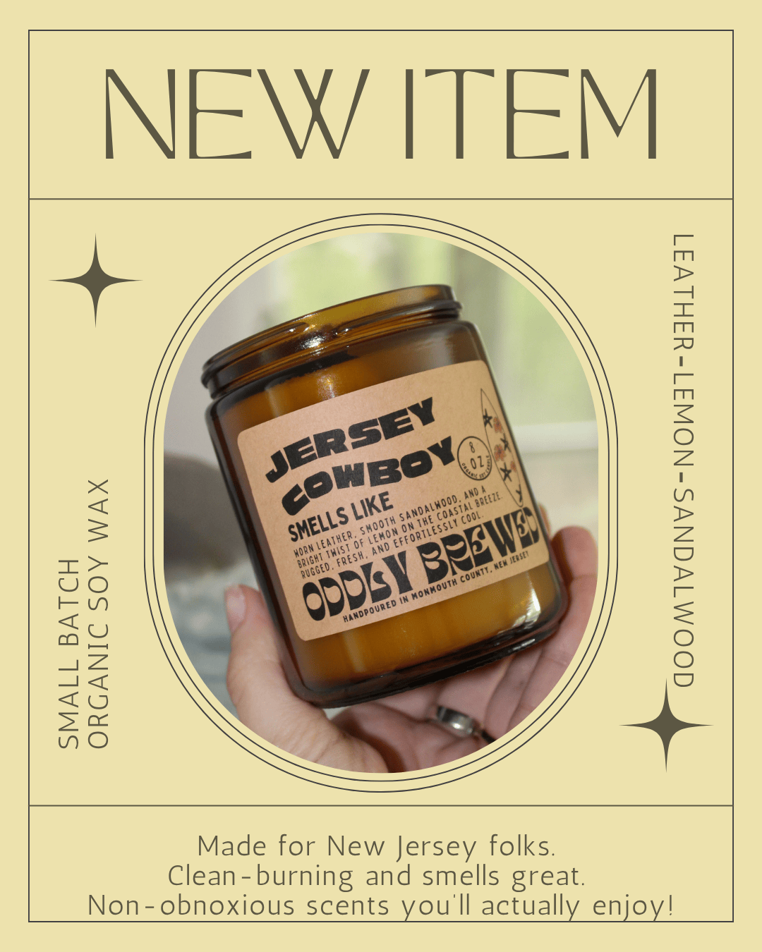 Oddly Brewed Candles Jersey Cowboy soy candle