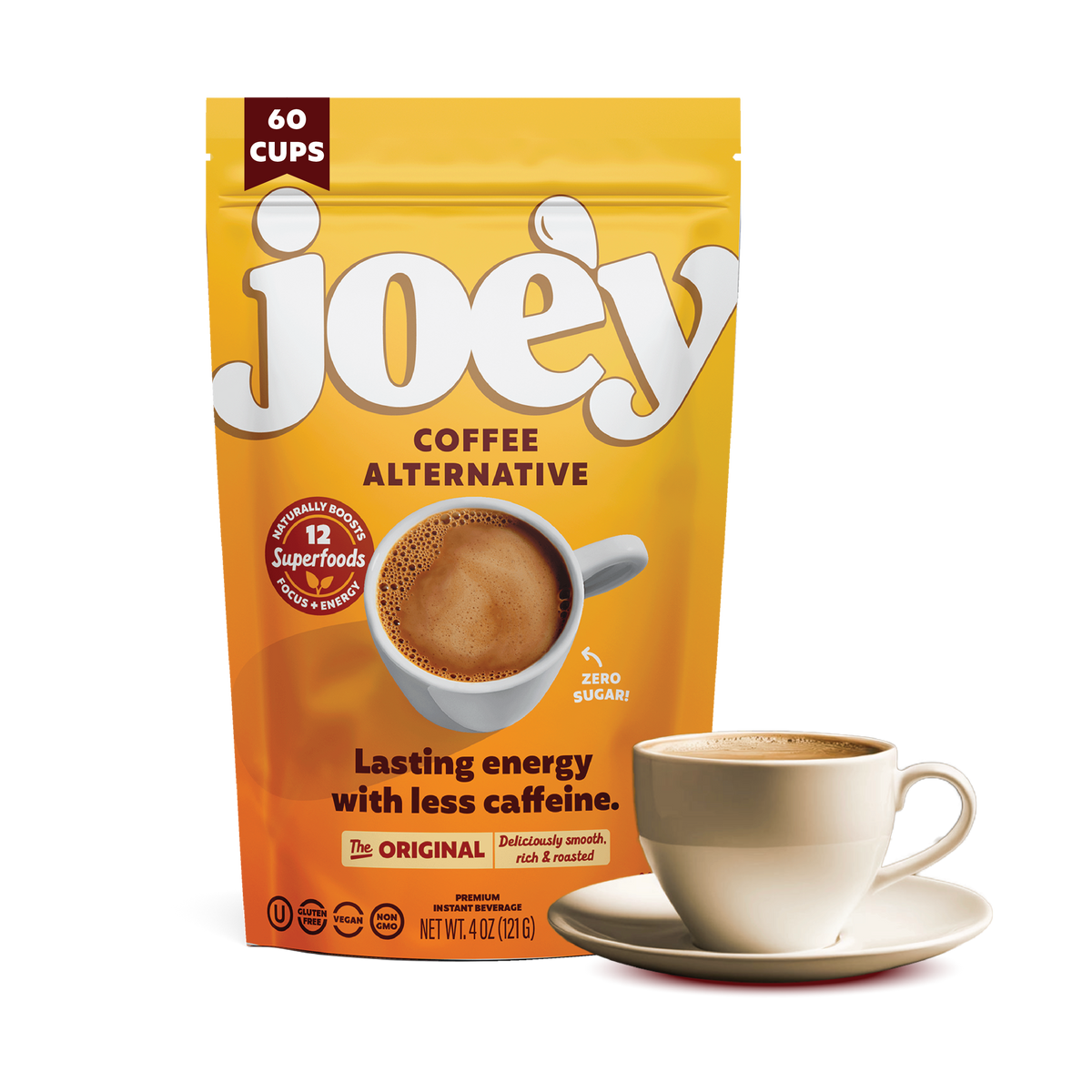 Joey Coffee Alternative package with a cup of coffee on a white background
