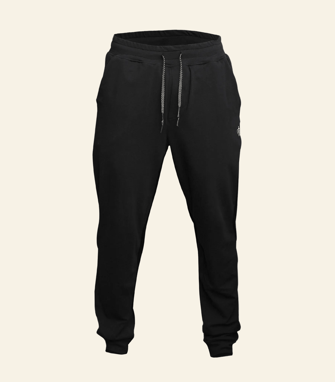 Black jogger pants on a white background