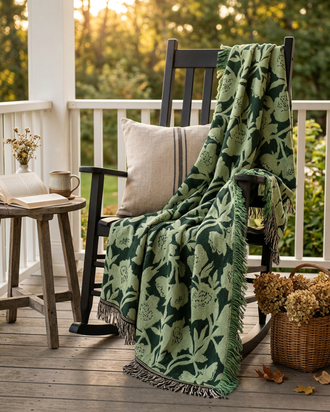 Addy Spruce Green Floral Cotton Throw Blanket