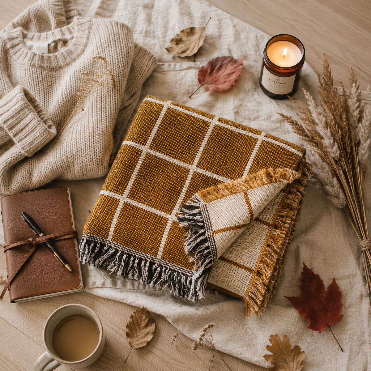 Greer Acorn Golden Brown Grid Cotton Throw Blanket