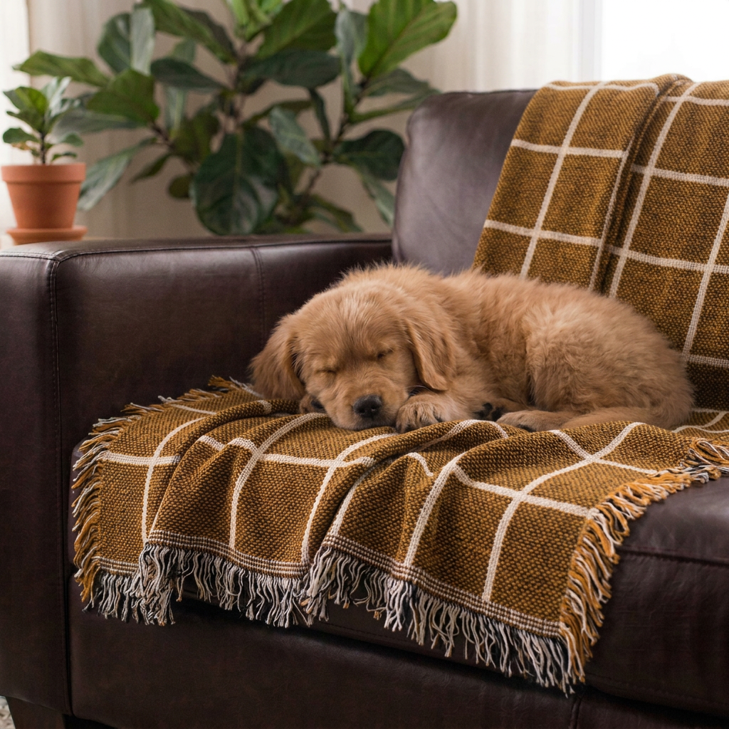 Greer Acorn Golden Brown Grid Cotton Throw Blanket