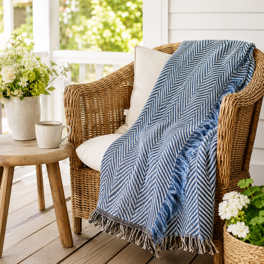Henry Chambray Blue Herringbone Cotton Throw Blanket