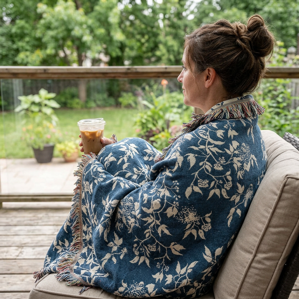 Wren Tidesong Teal Bird &amp; Botanical Cotton Throw Blanket
