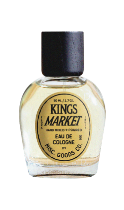 Bottle of Kings Market Eau de Cologne with a black cap on a white background