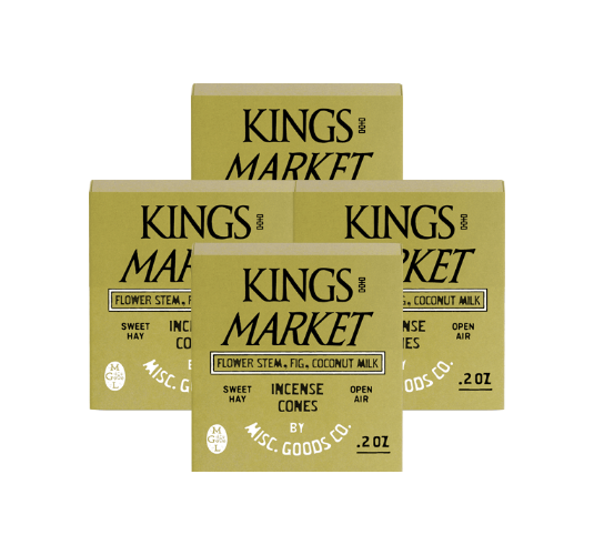 Multiple boxes of Kings Market incense cones on a white background