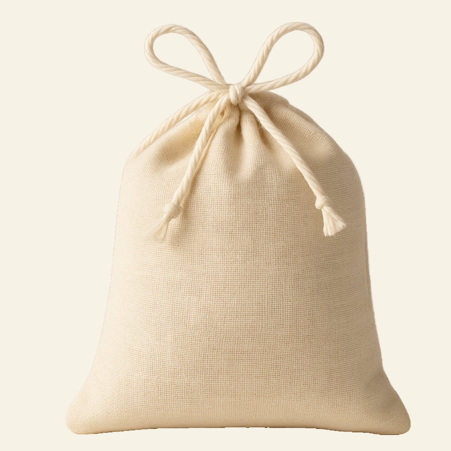 Beige drawstring bag on a white background