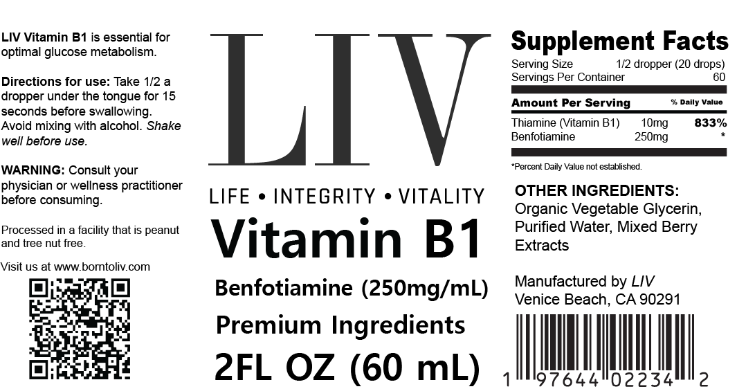 LIV Vitamin B1 Thiamine Liquid Metabolic Booster (Benfotiamine 250mg, 60 servings)