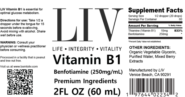 Bottle of Vitamin B1 liquid supplement with dropper labeled &