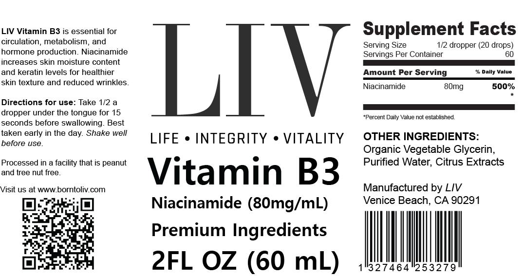 LIV Vitamin B3 Niacin Liquid (Niacinamide 80mg, 60 servings)