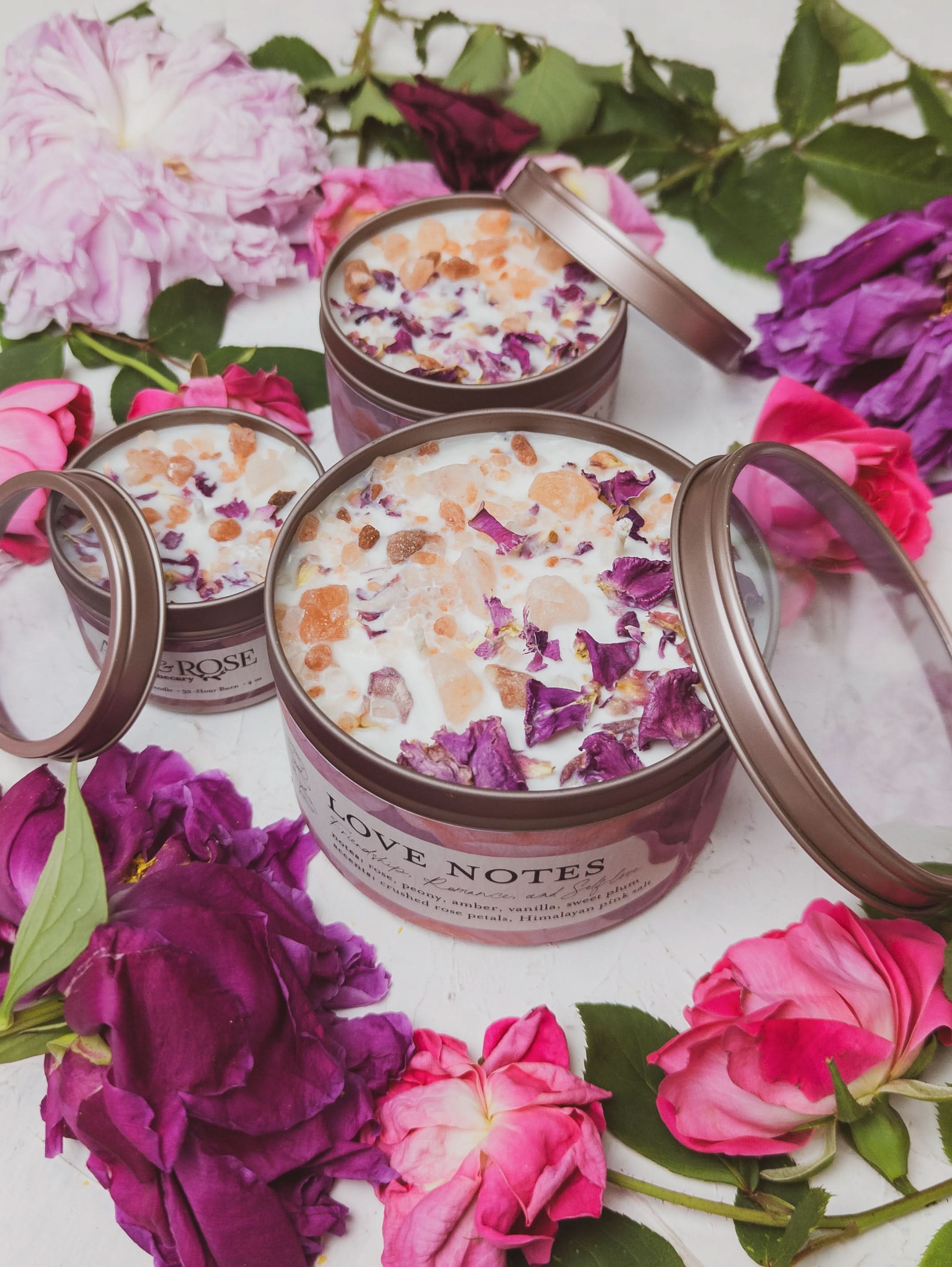 Ash &amp; Rose candle LOVE NOTES Rose + Pink Salt Candle