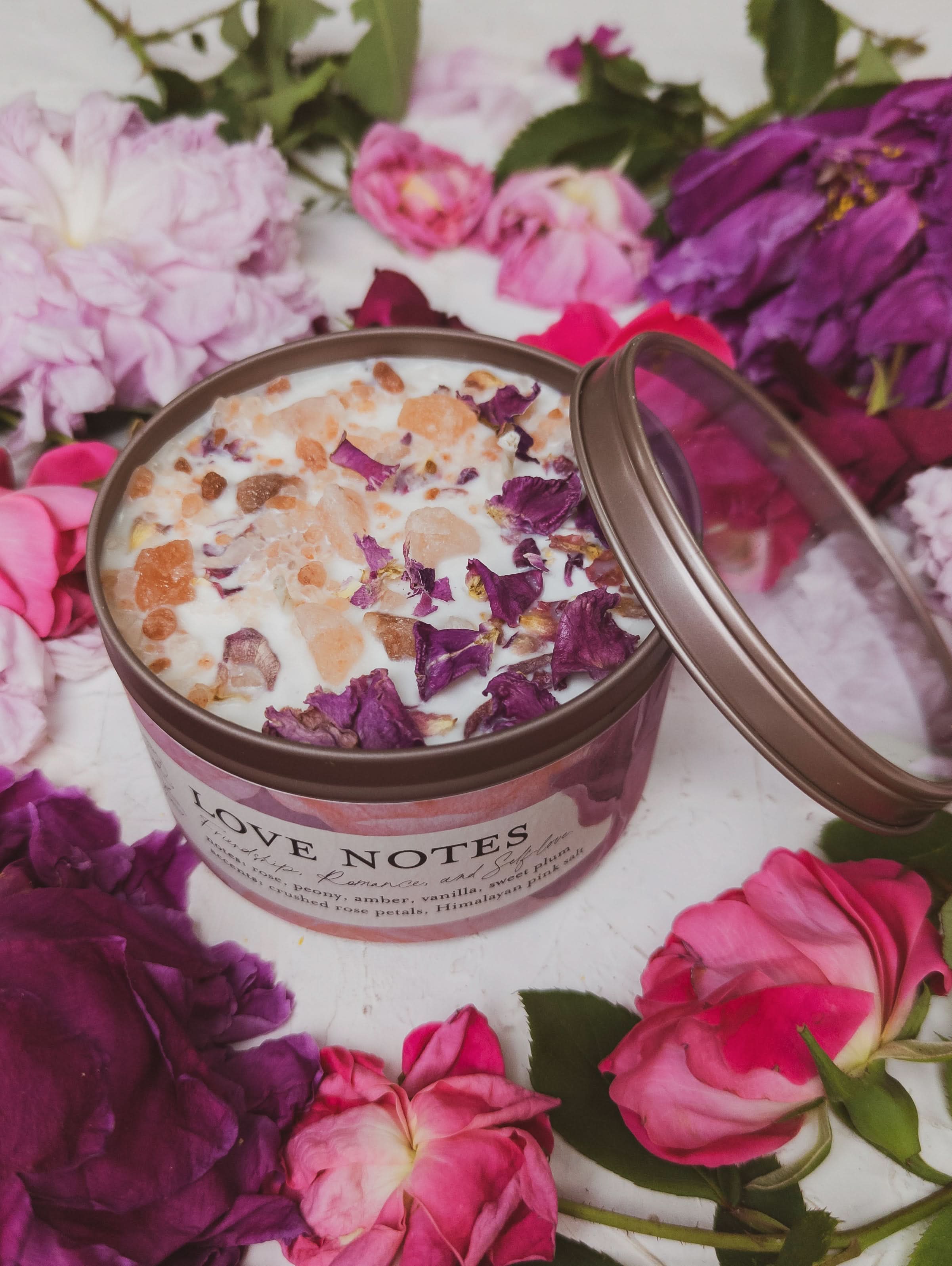 Ash &amp; Rose candle LOVE NOTES Rose + Pink Salt Candle