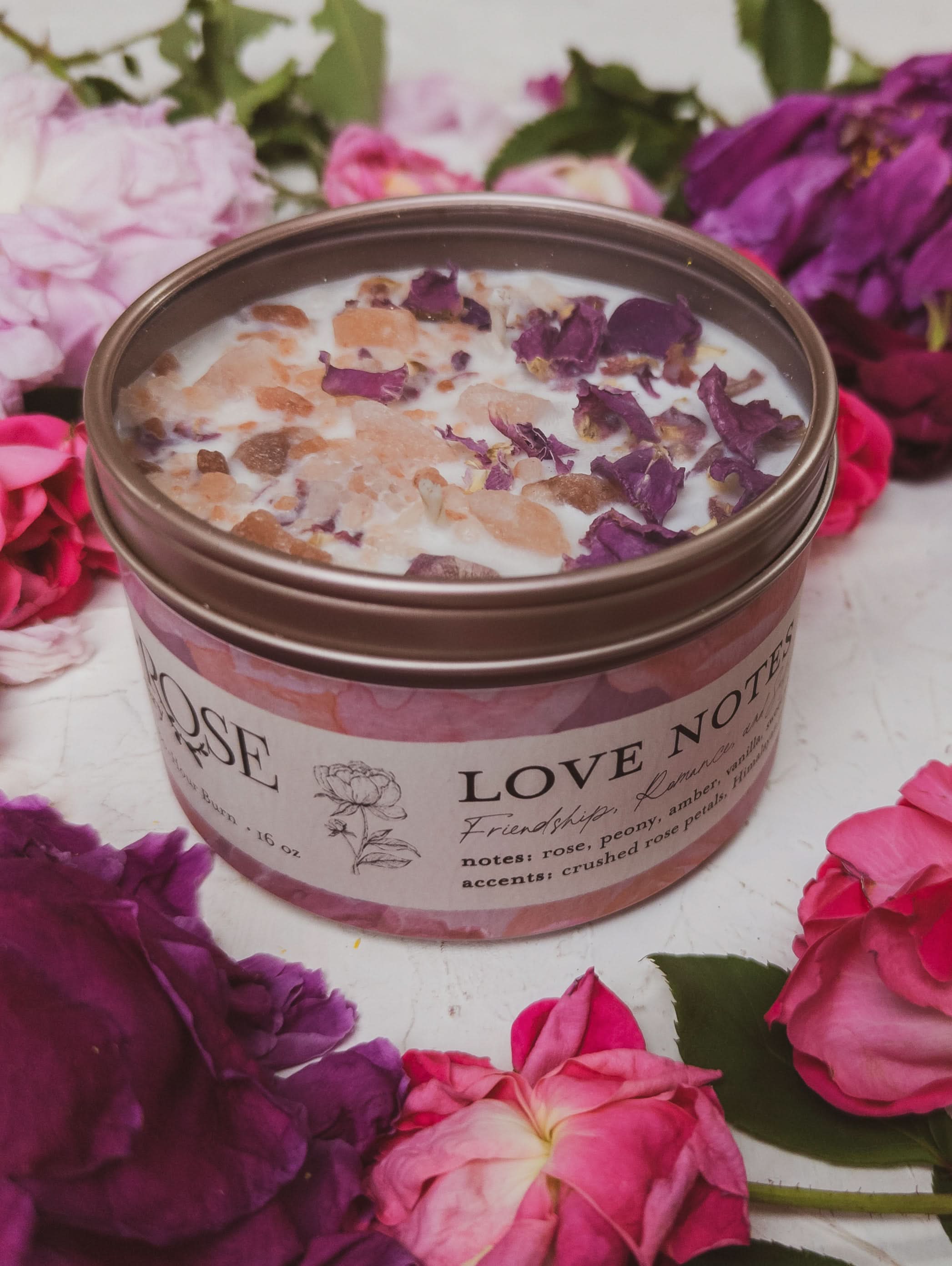 Ash &amp; Rose candle LOVE NOTES Rose + Pink Salt Candle