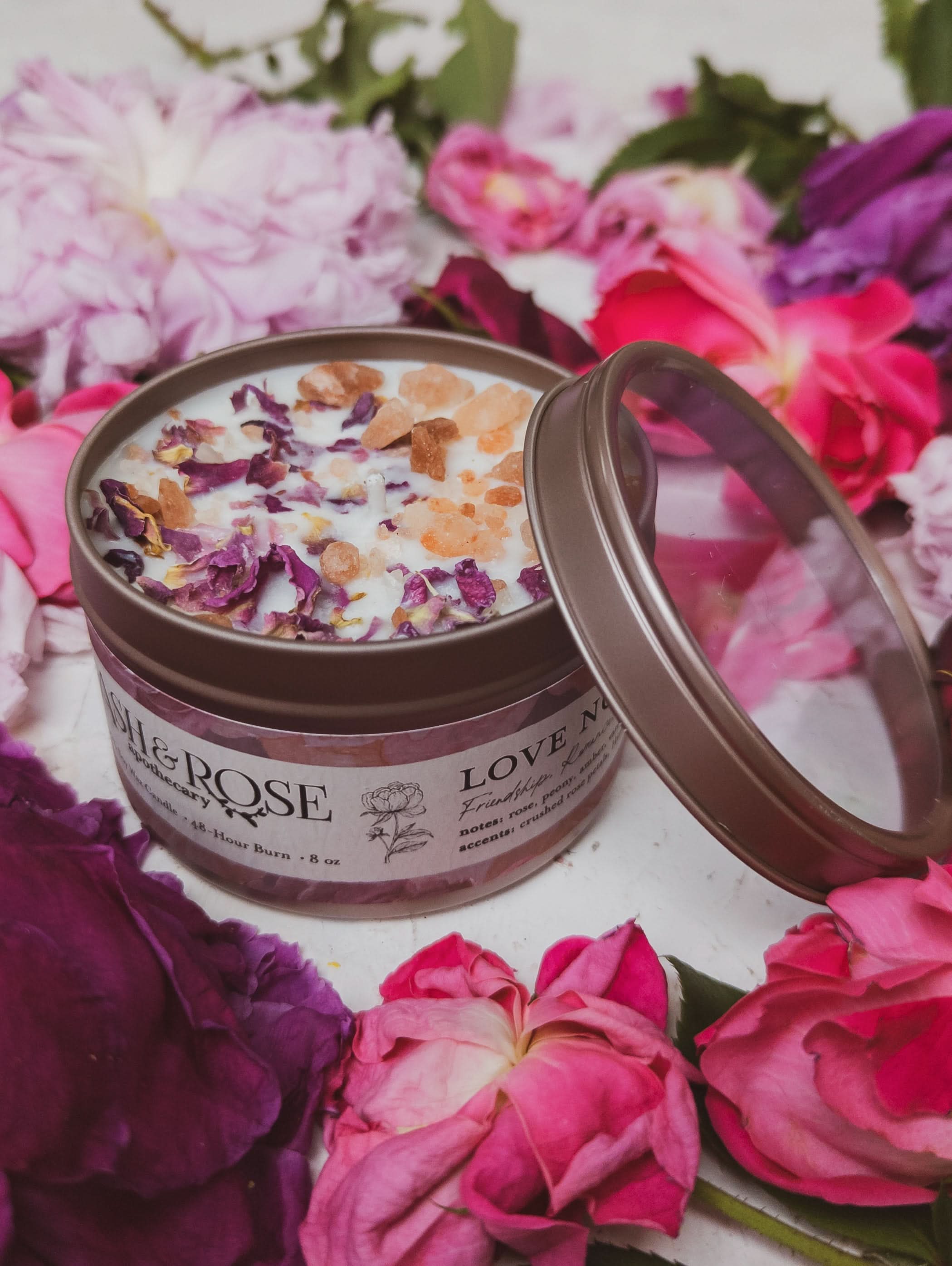 Ash &amp; Rose candle LOVE NOTES Rose + Pink Salt Candle