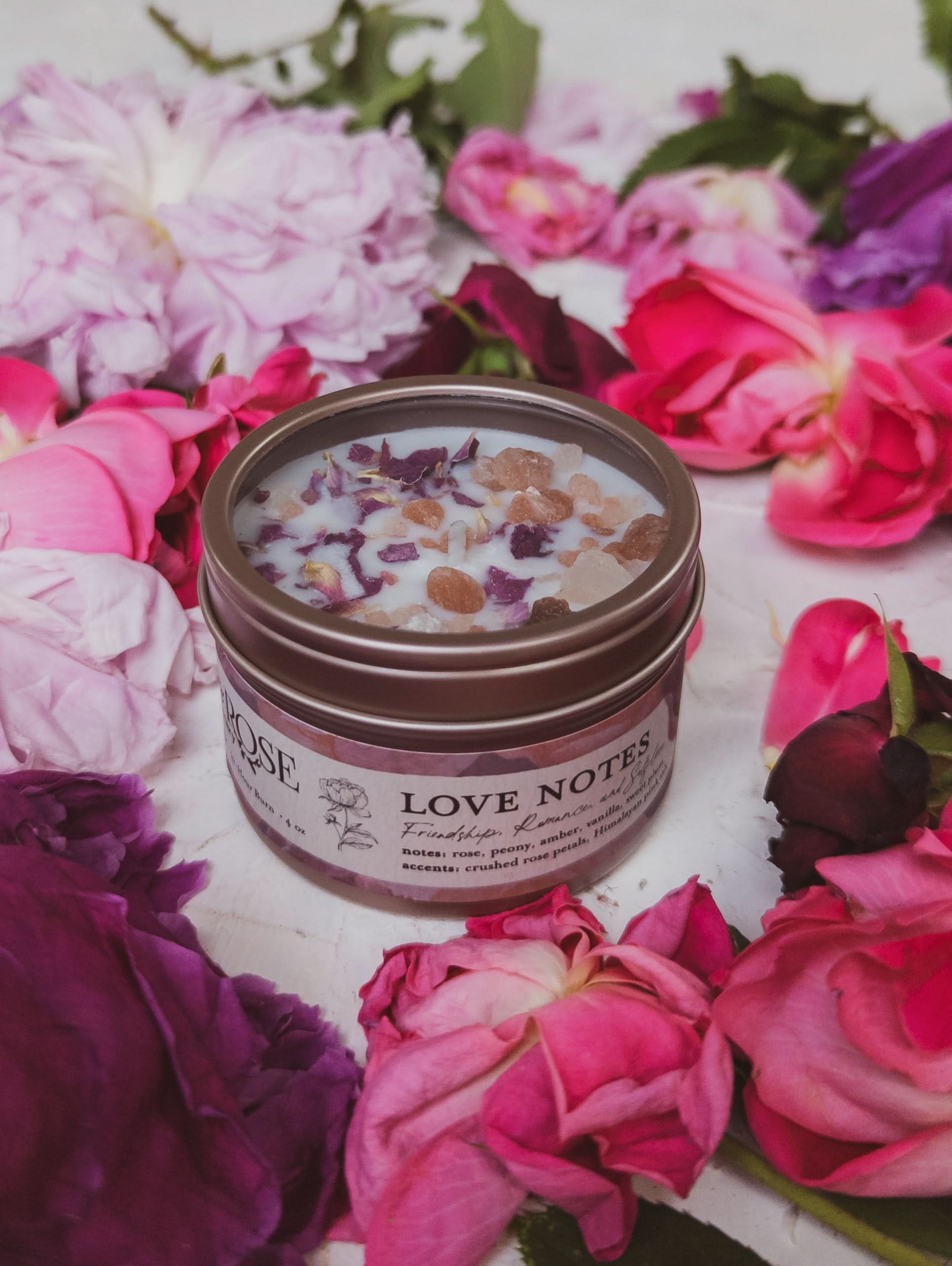 Ash &amp; Rose candle LOVE NOTES Rose + Pink Salt Candle