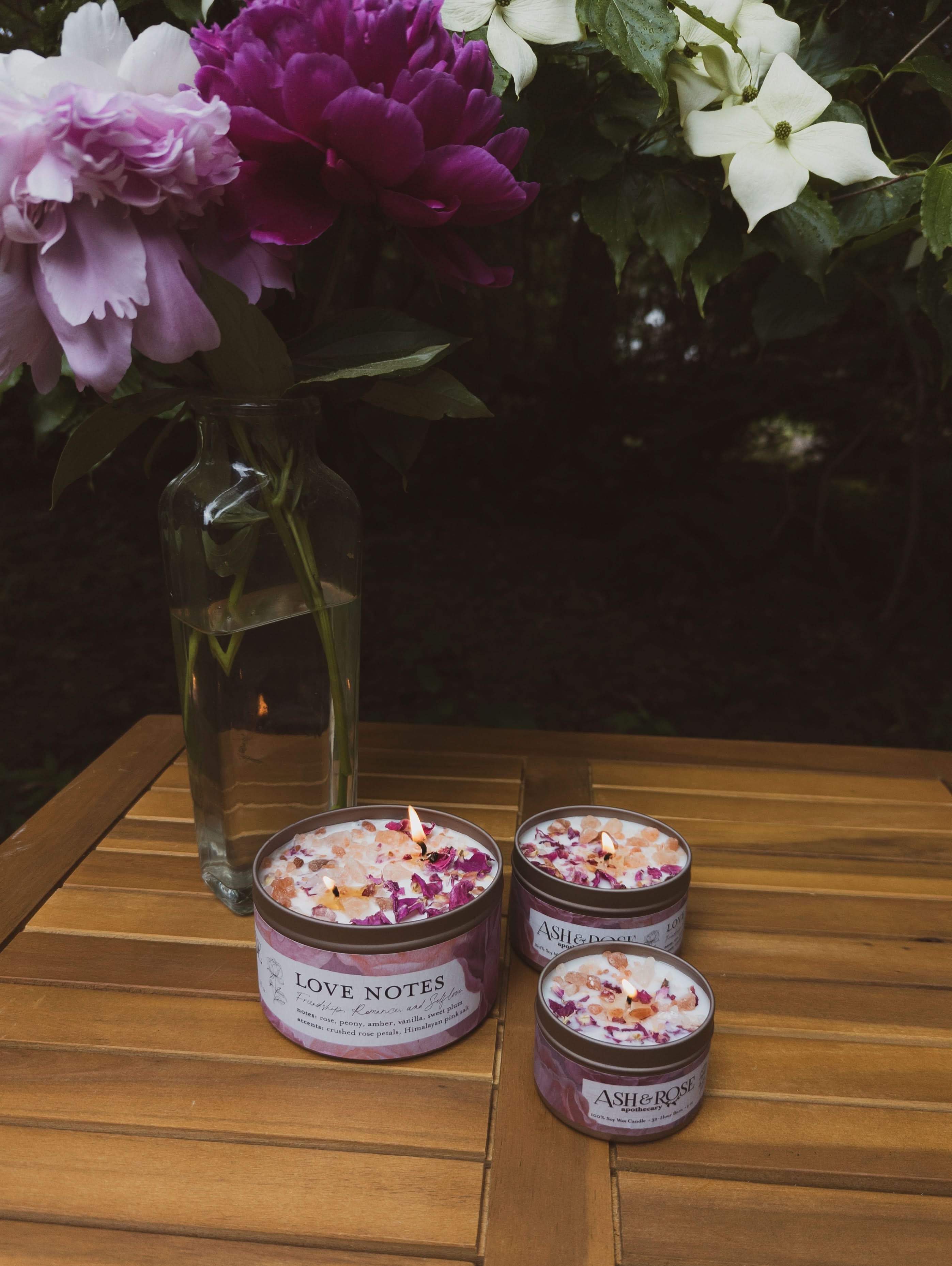 Ash &amp; Rose candle LOVE NOTES Rose + Pink Salt Candle