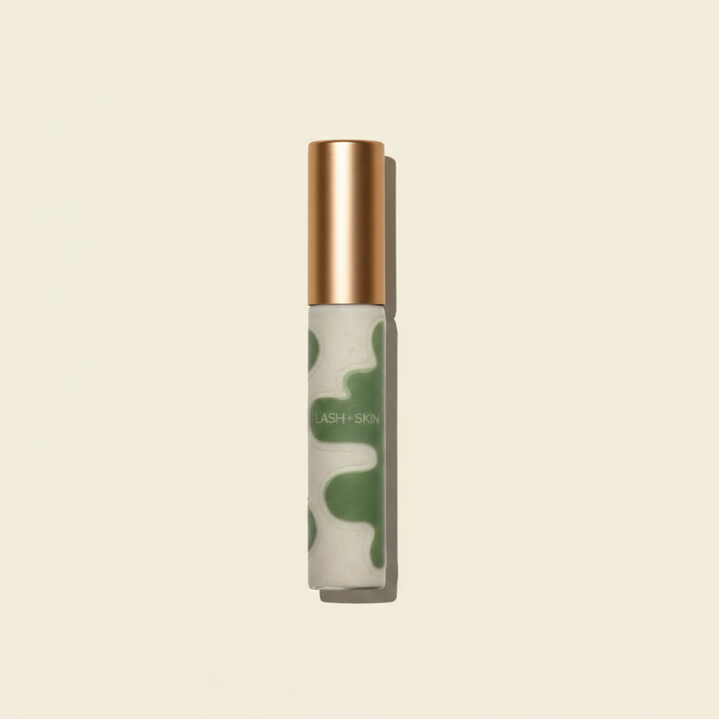 Skincare serum bottle with camouflage design and wooden cap on a beige background