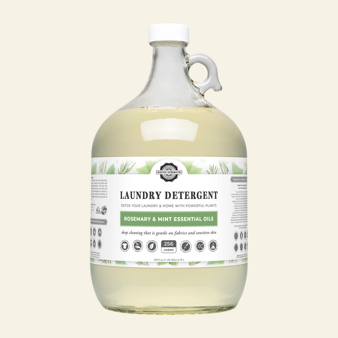 Large bottle of laundry detergent with a label on a white background