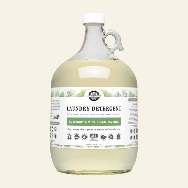 Large bottle of laundry detergent with a label on a white background