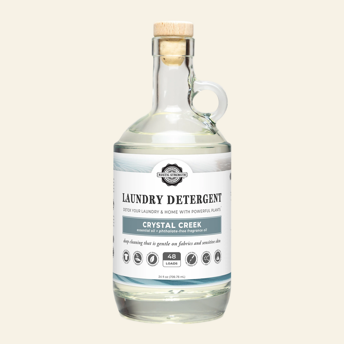 Bottle of Crystal Creek laundry detergent on a white background