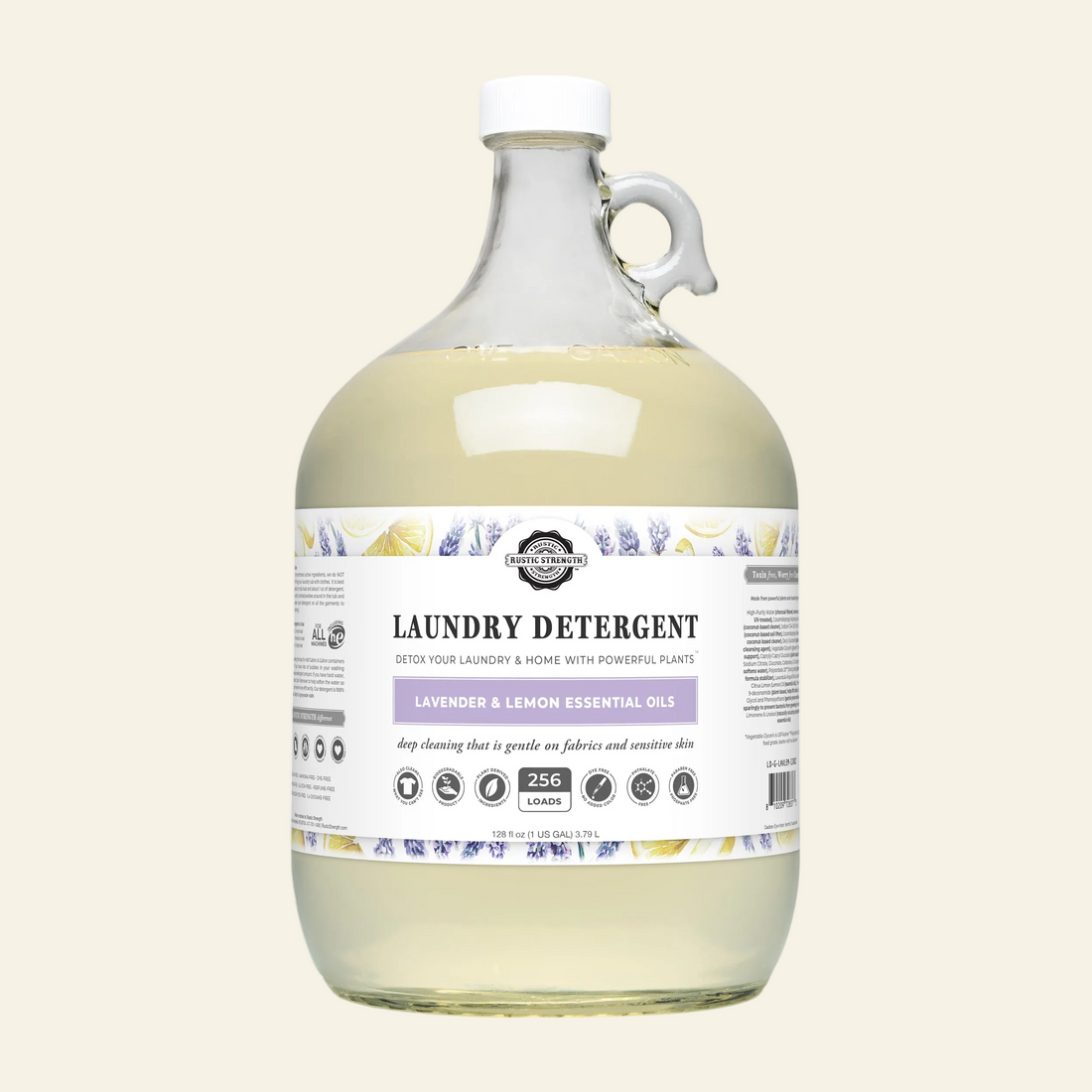 Large bottle of laundry detergent with a label on a white background