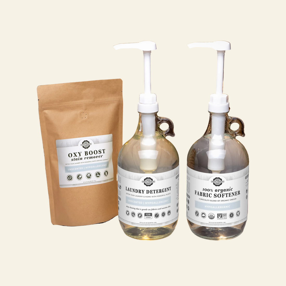 Two bottles of laundry detergent and fabric softener with a package labeled &
