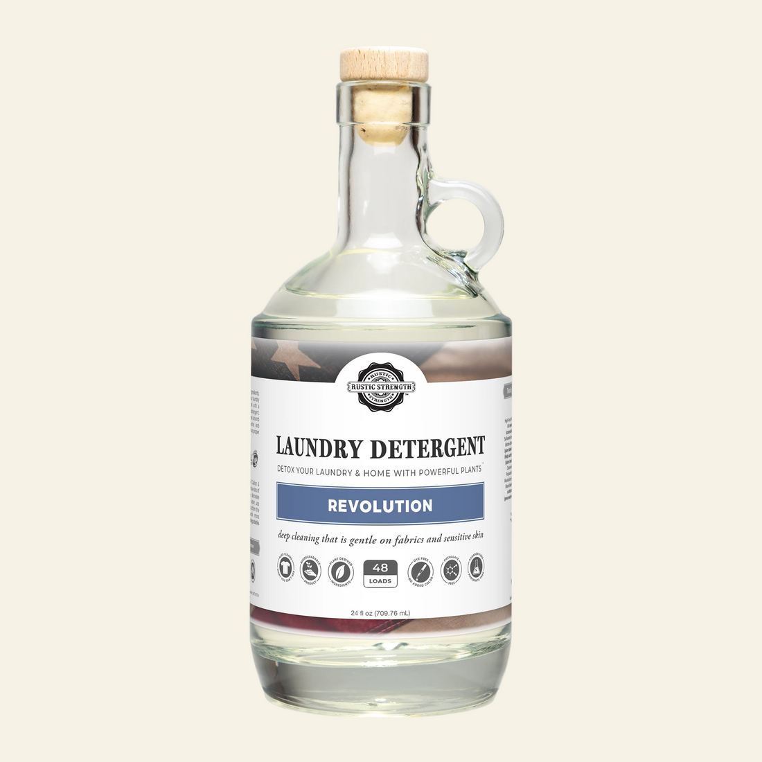 Glass bottle of laundry detergent with a label on a white background