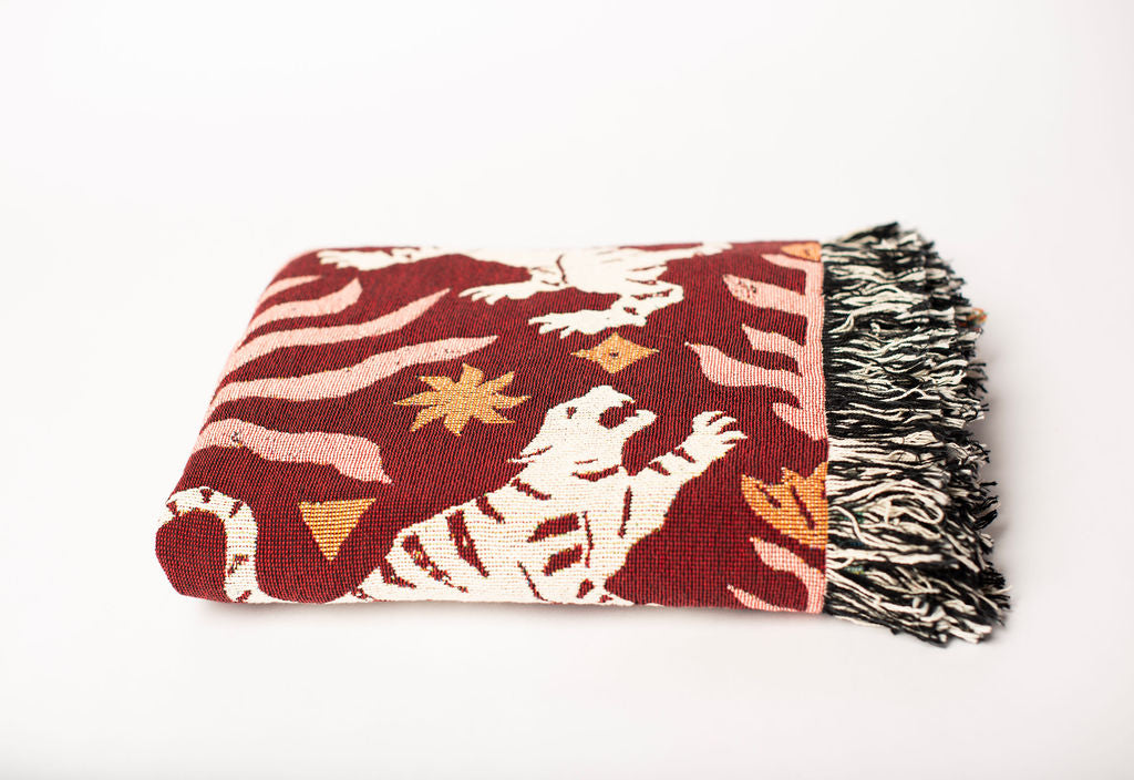Leona Solstice Red Tiger Cotton Throw Blanket